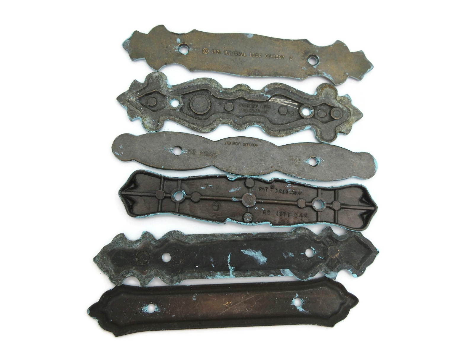 Set of 6 vintage backplates Distressed Turquoise Brass Color 3″ Centers LH8