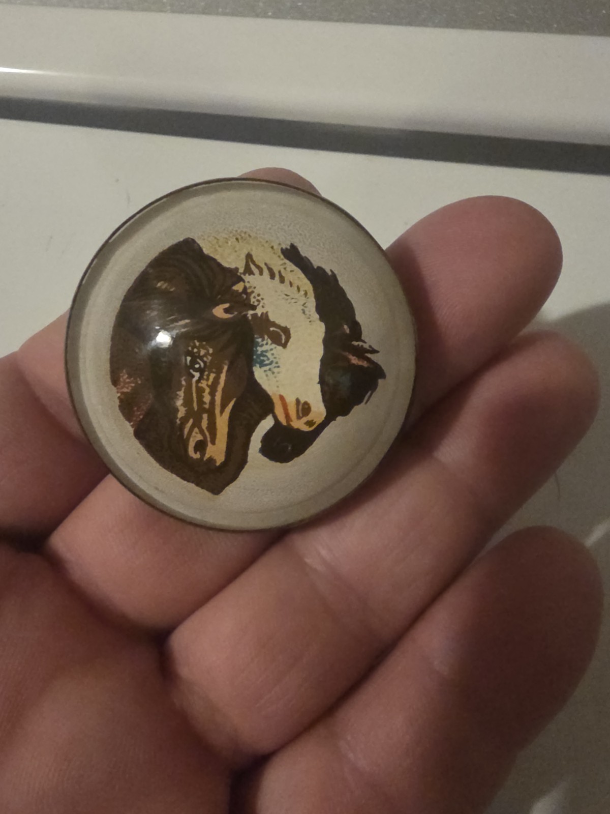 Antique Brass Glass Horse Theme Drawer Pull Brown Beige Hardware