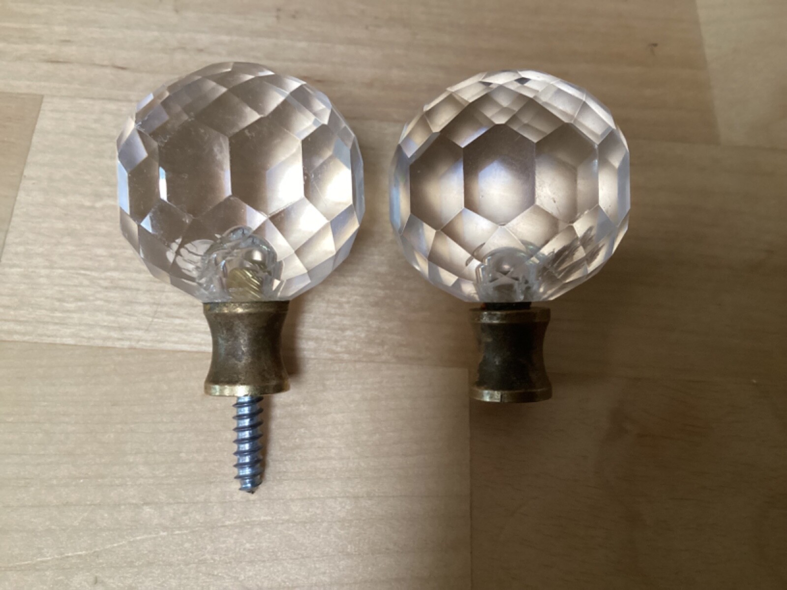 10 Vintage Acrylic Drawer Knobs Clear Faceted 1 3/8″ With Brass Seal and Screws