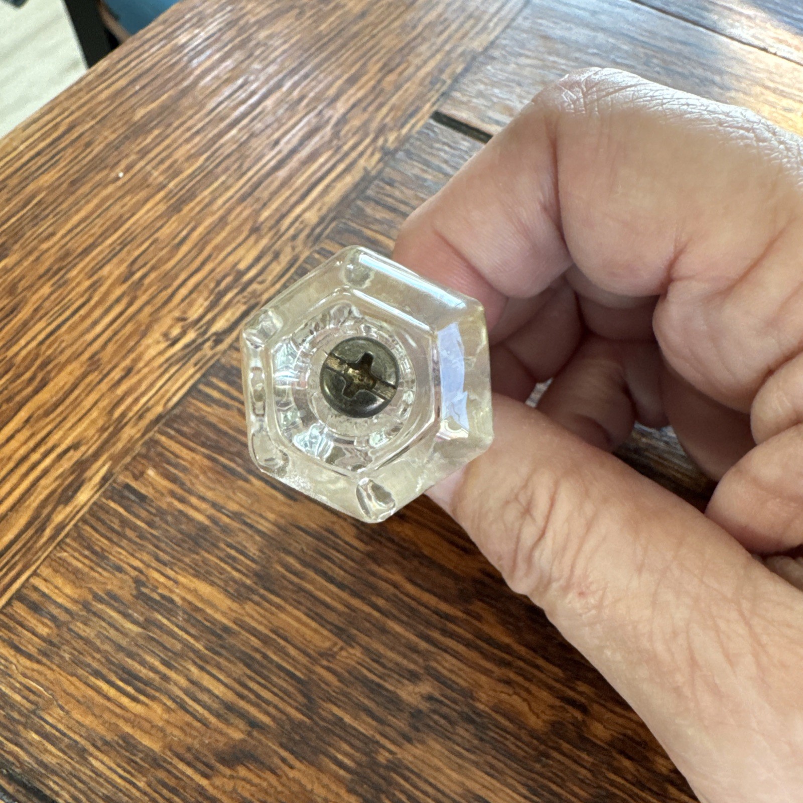 Vintage Glass Hexagon Pull Knob ~ Old Furniture Hardware No Chips or Cracks