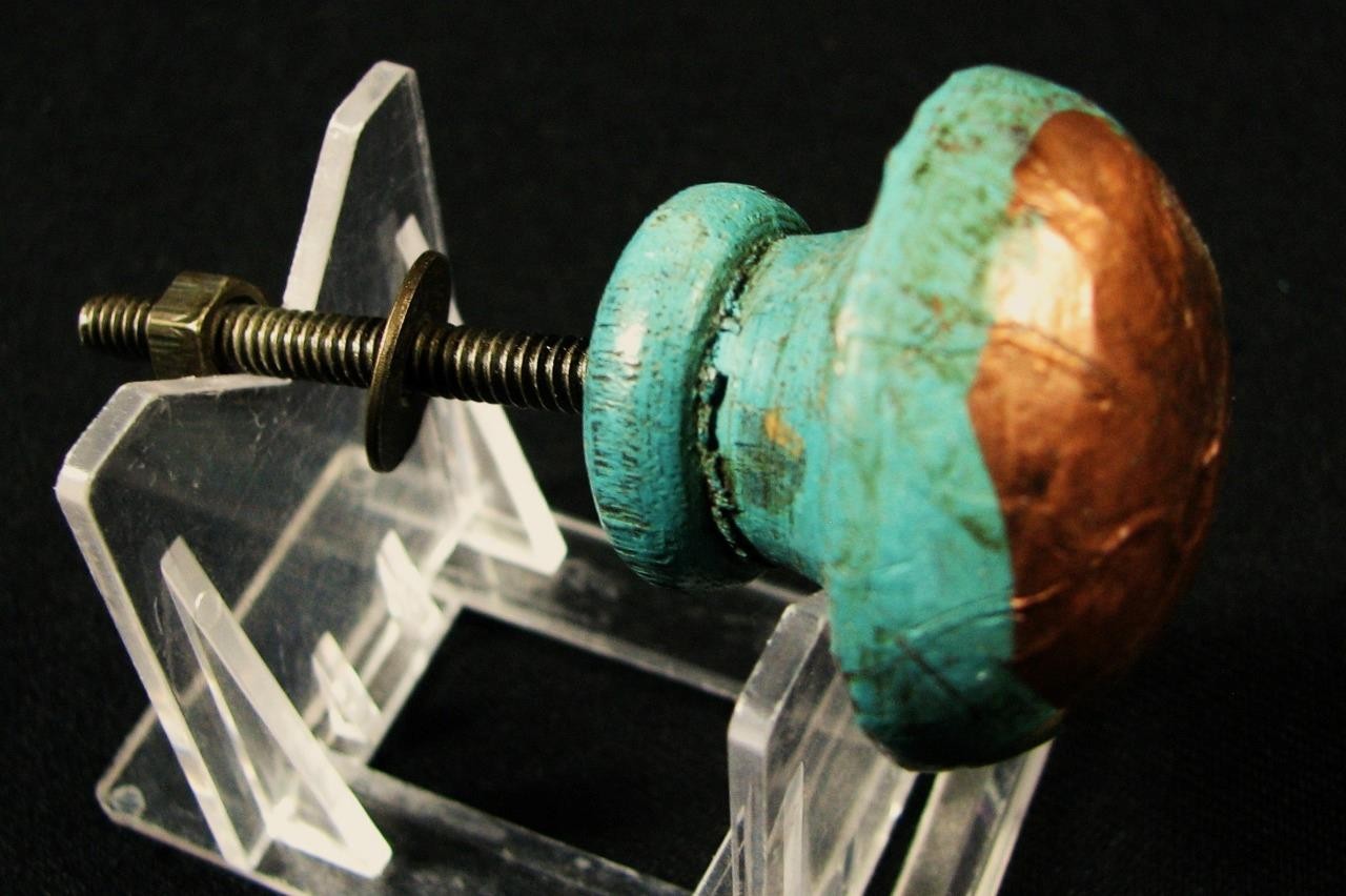 2 Antique Vintage Wood Copper Skin Green Distressed Drawer Pulls Handles Knobs