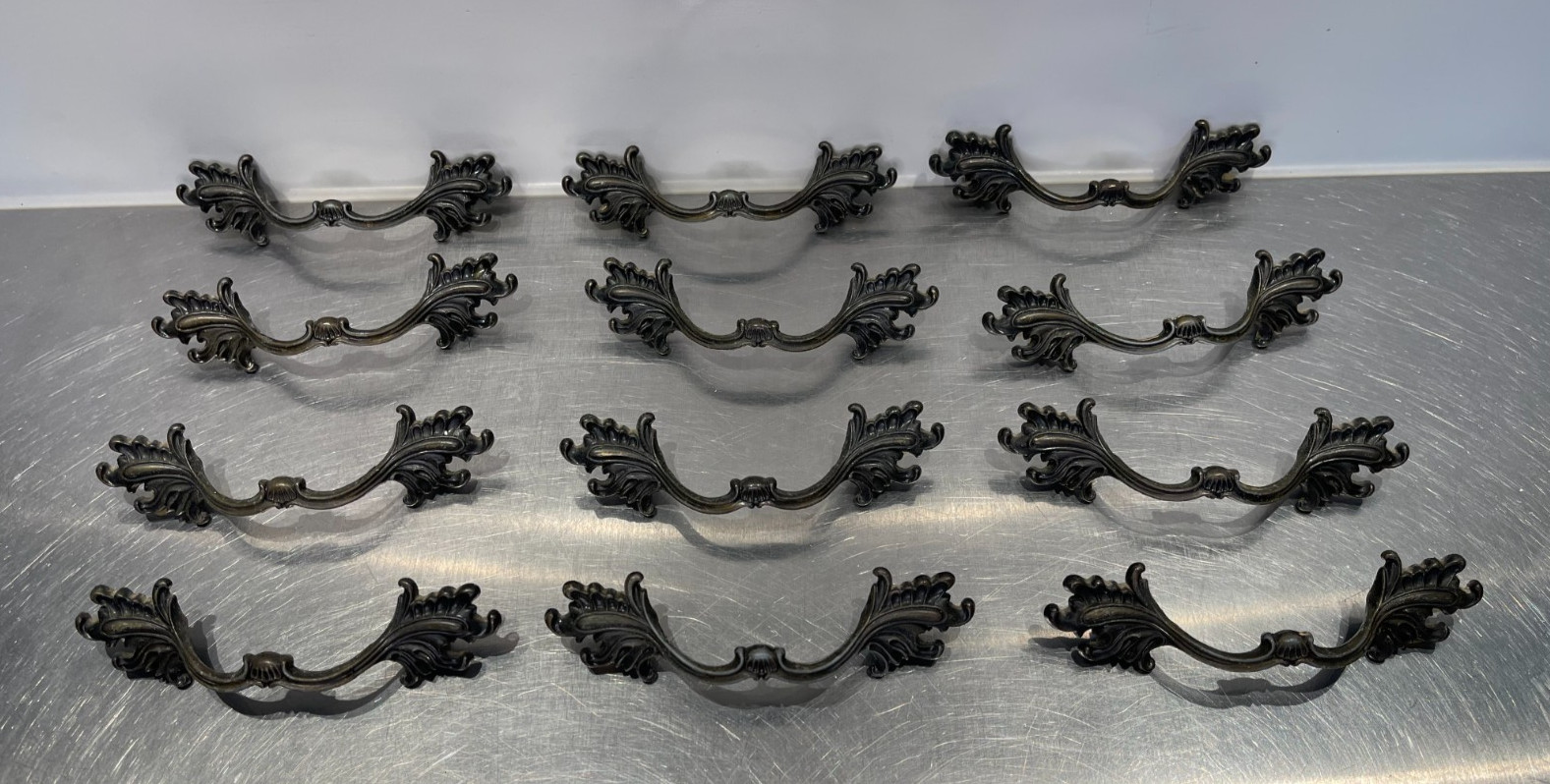 12 Used Vintage French Provincial Drawer Pulls Ornate Leaves 3” Allison Japan