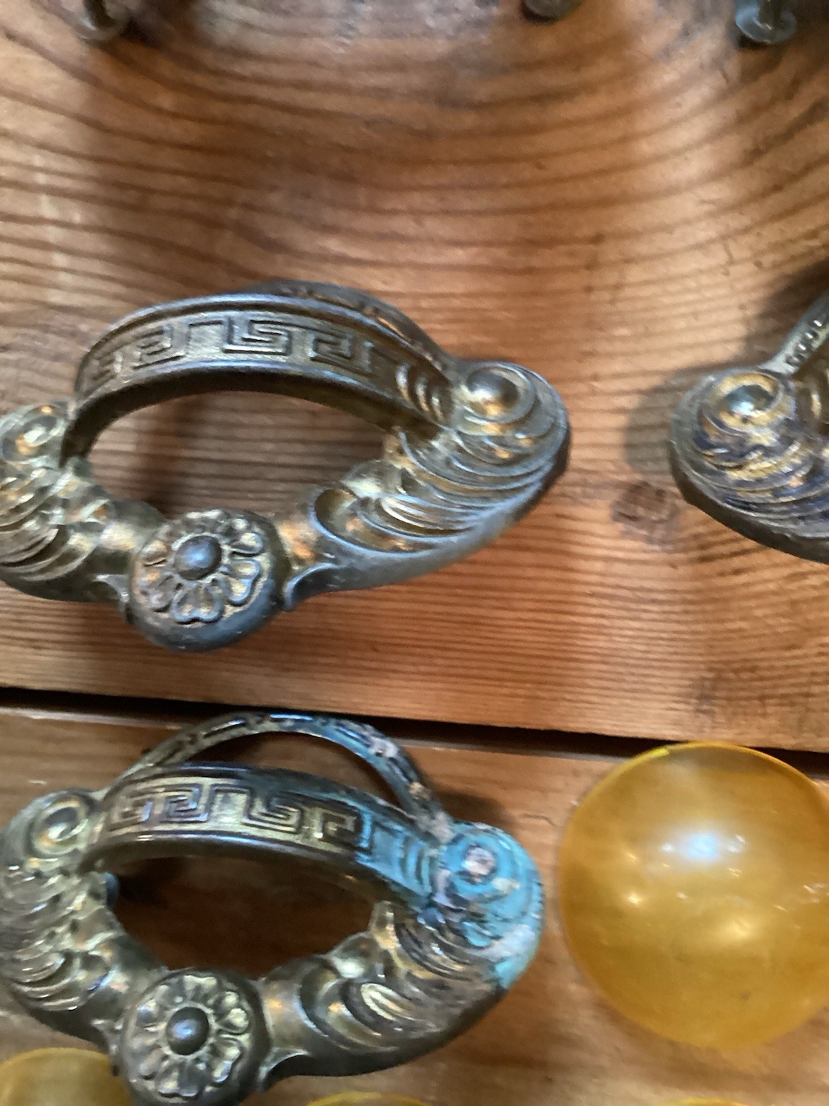Art Nouveau Style Finger Cup Pulls Gold Bakelite?- Set of 8 – 3″ centers