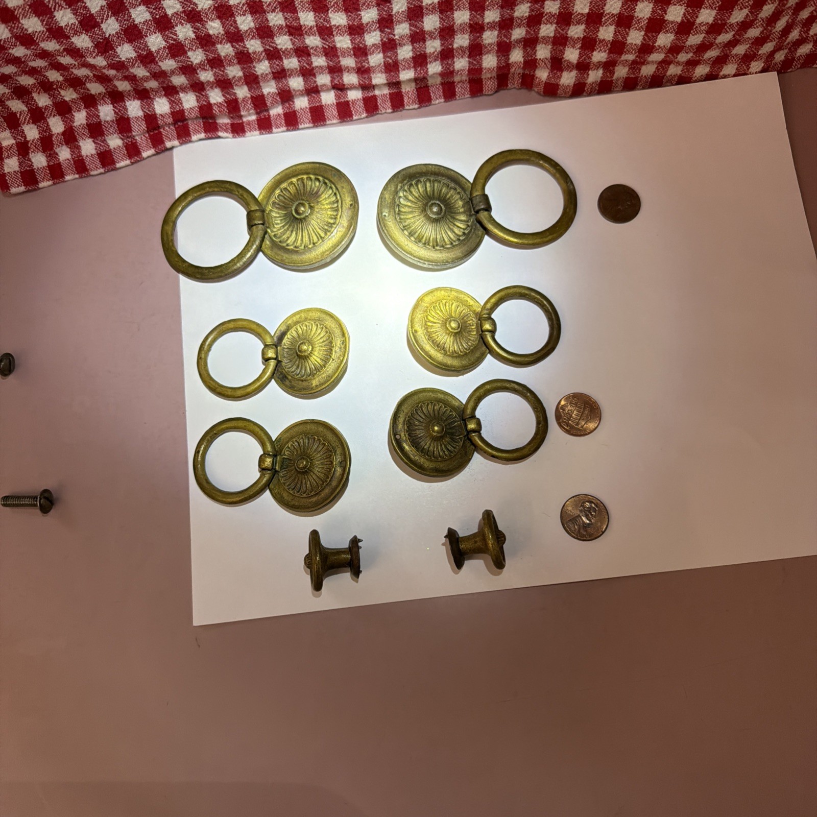 Vintage Brass Floral Ring Drop Cabinet Drawer Pull Furniture Replacement 8 Pcs