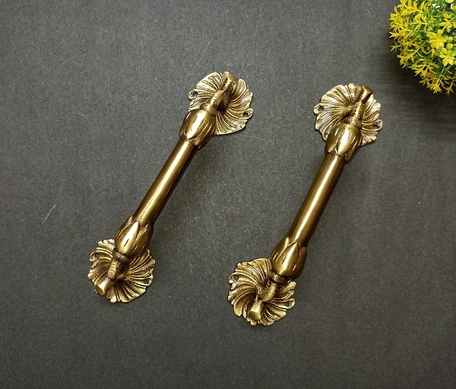 Lacquered Brass Flower Base Door Pull Floral with Twigs Design Handle Pair GTX