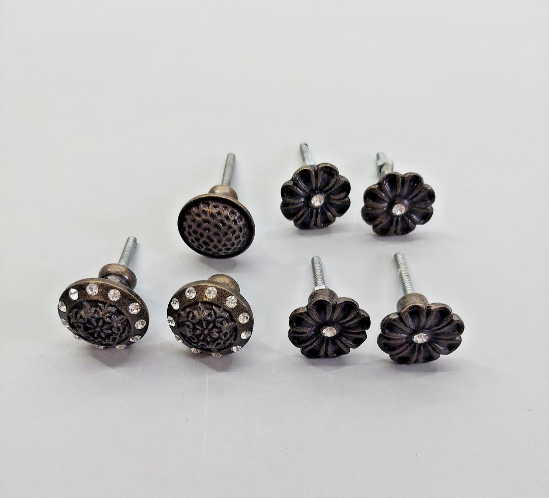Lot 8 Metal Knobs Drawer Pulls Ornate Floral Embellished Brown Rhinestone