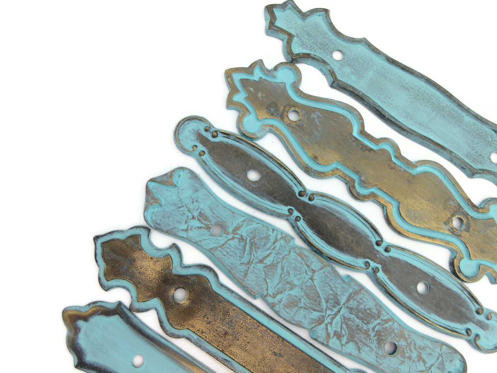 Set of 6 vintage backplates Distressed Turquoise Brass Color 3″ Centers LH8