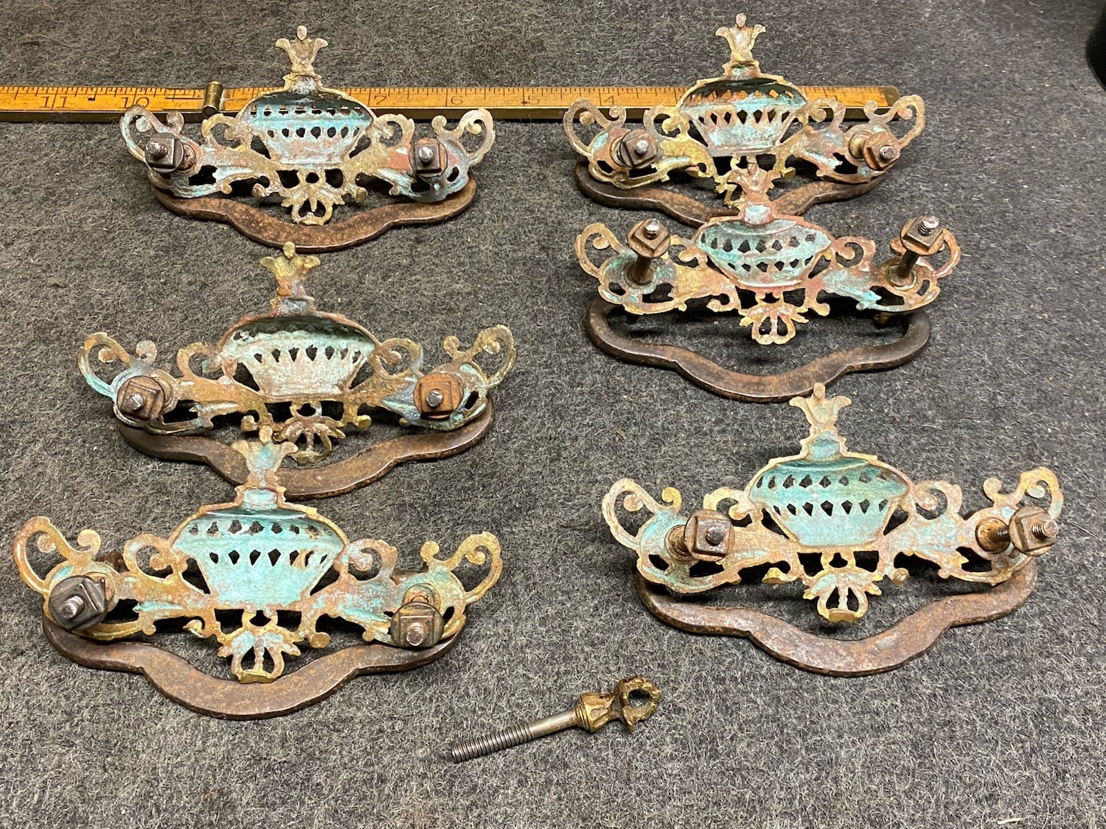 6 Antique Brass And Cast Iron Victorian Style Drawer Pulls 3” Bolt Pattern
