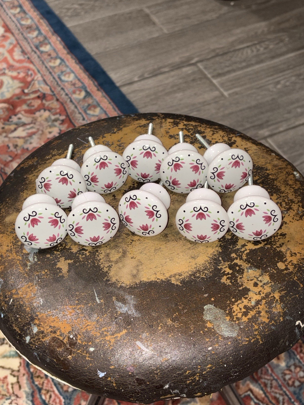 Vintage 1.5” Porcelain White Floral Painted Drawer Pulls Cabinet Knobs Lot Of 10