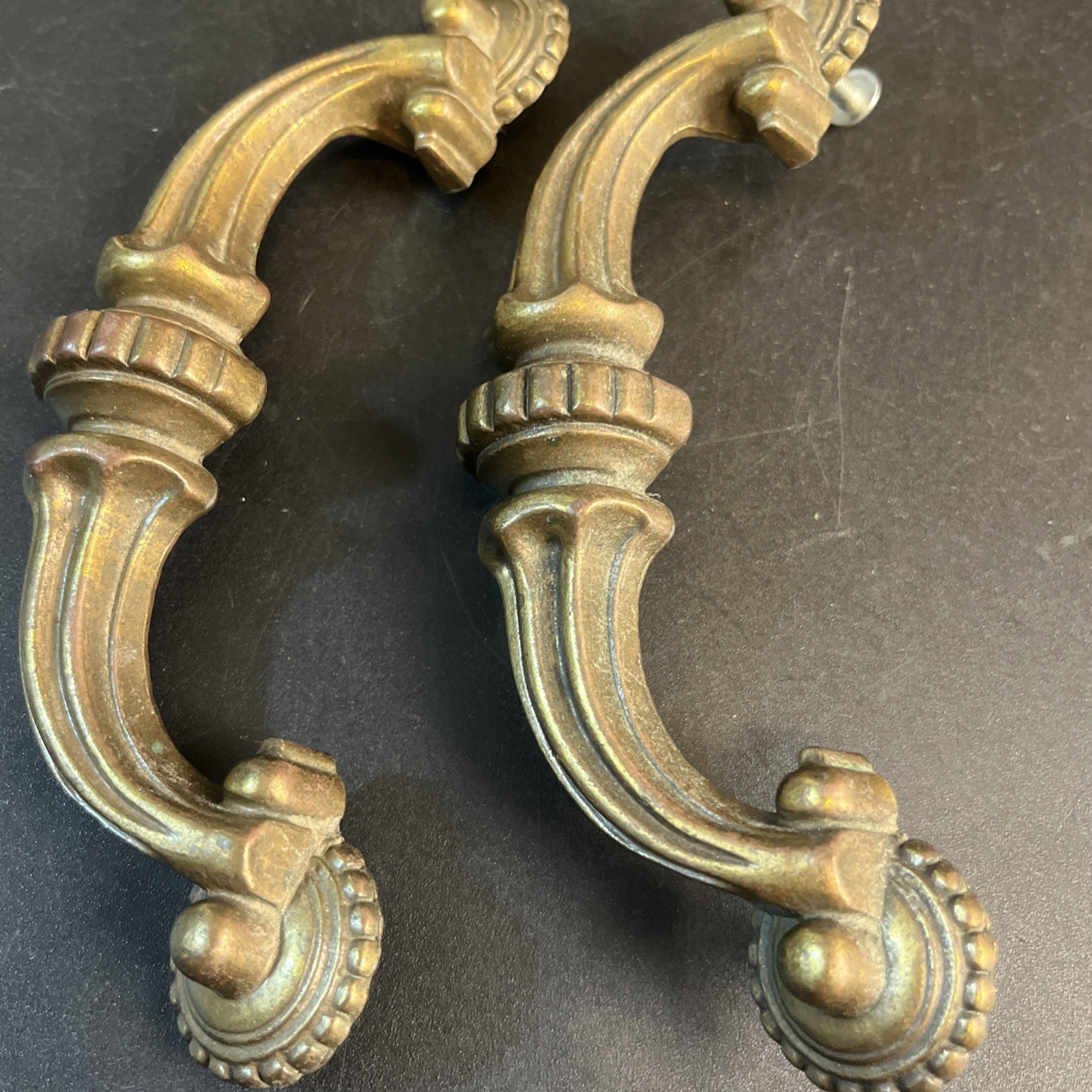 5 Vtg Ornate Solid Brass Drop Bail Pull Dresser Handles Set Hollywood Regency