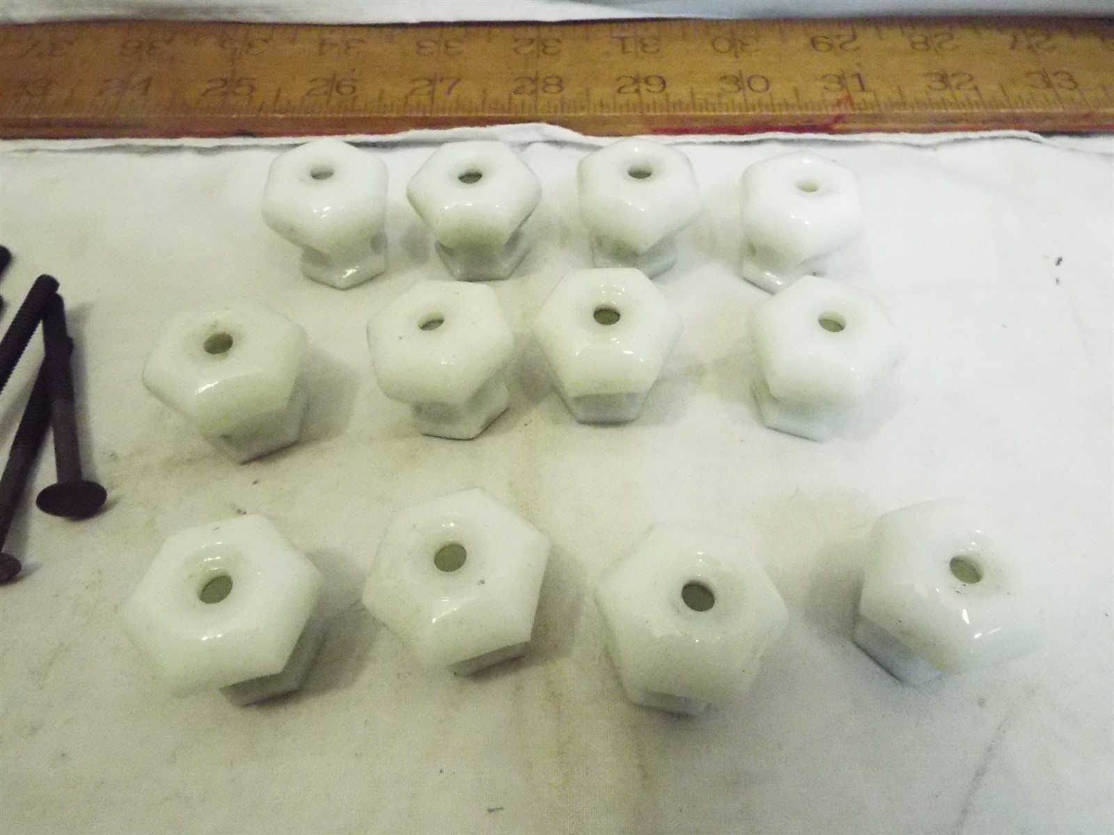 12 Vintage Milk Glass Drawer Knob Pulls Hex Shape Hardware Cabinet Furniture