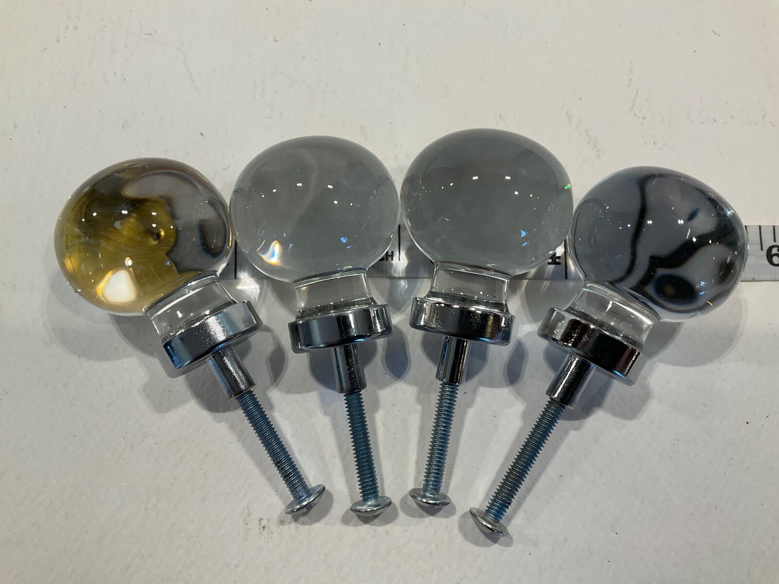 4 VTG Round Glass Ball Drawer Pulls / Cabinet Knobs w/Silver Collar Backplate
