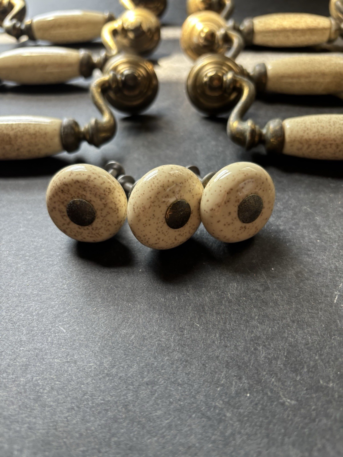 Brass And Porcelain Drawer Handles 4 1/2 Inch 6 Handles 3 Knobs Vintage Pulls