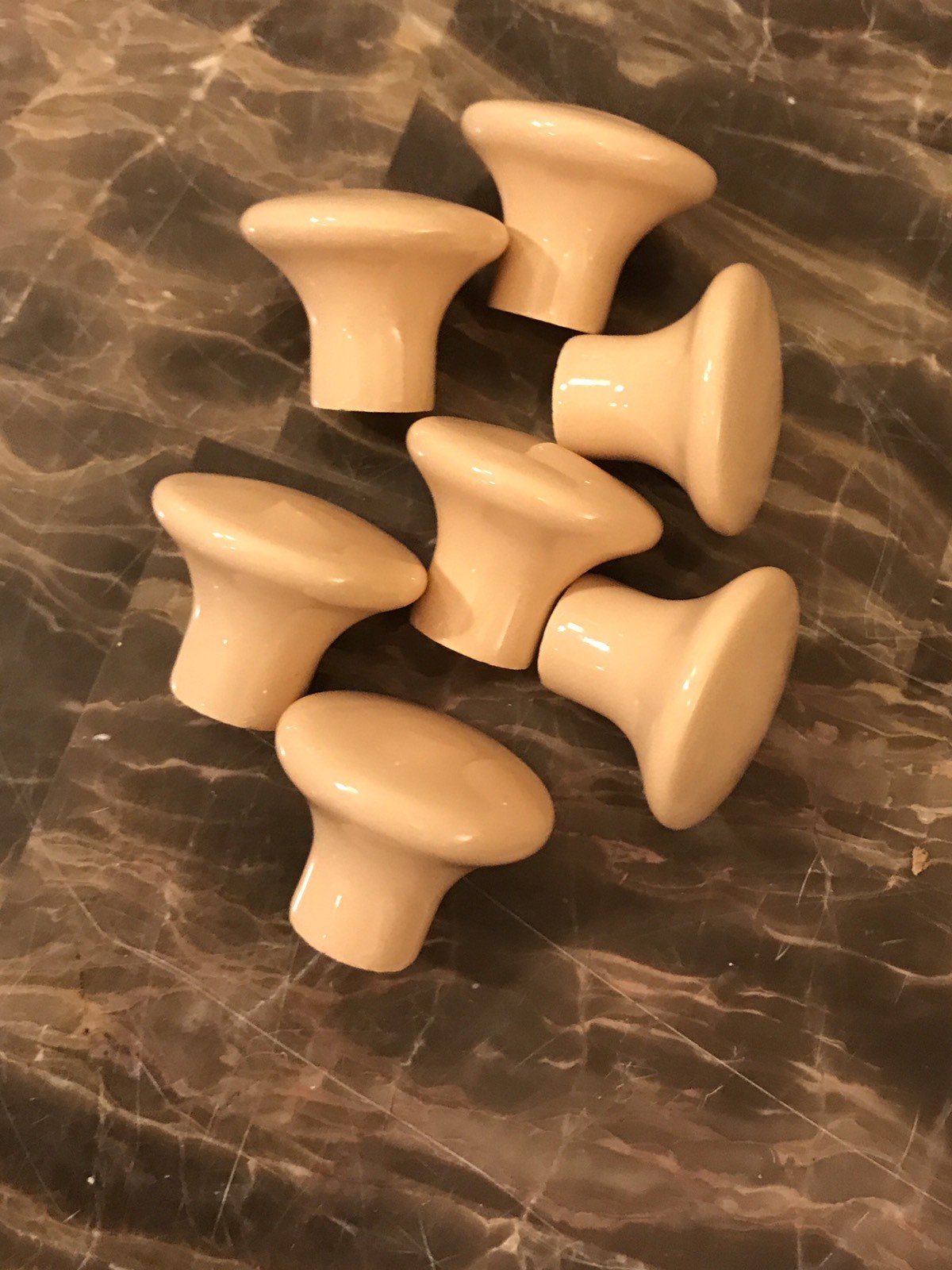 7 Knobs CERAMIC Round Tan Beige Pedestal Mushroom Shape Cabinet Drawer Vintage