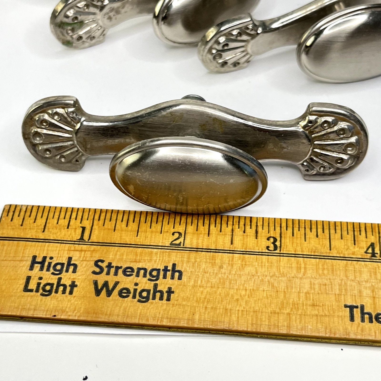 Four Vintage Drawer Pulls Handles Lot of Oval Knobs brushed nickel plate C