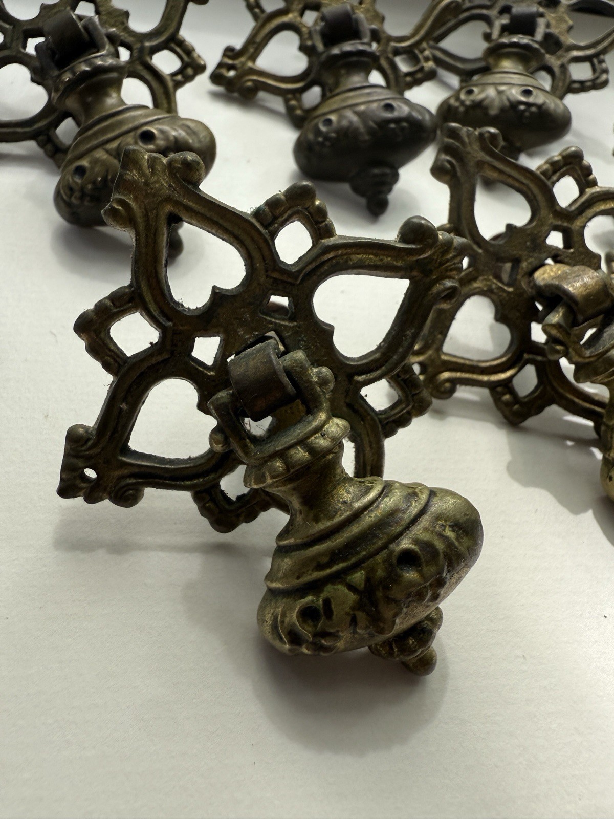 (6) Vintage Keller Brass Co Gothic Tudor Drop Bail Drawer Pulls KBC G606 Ornate