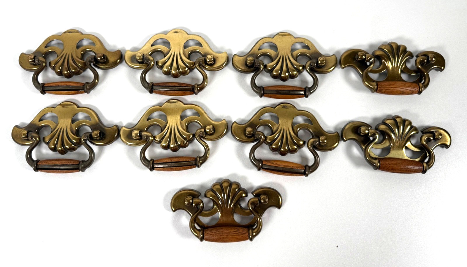 Vintage Set of 9 KBC Keeler Brass N10850 Shell Bail Drawer Pulls Wood Grips