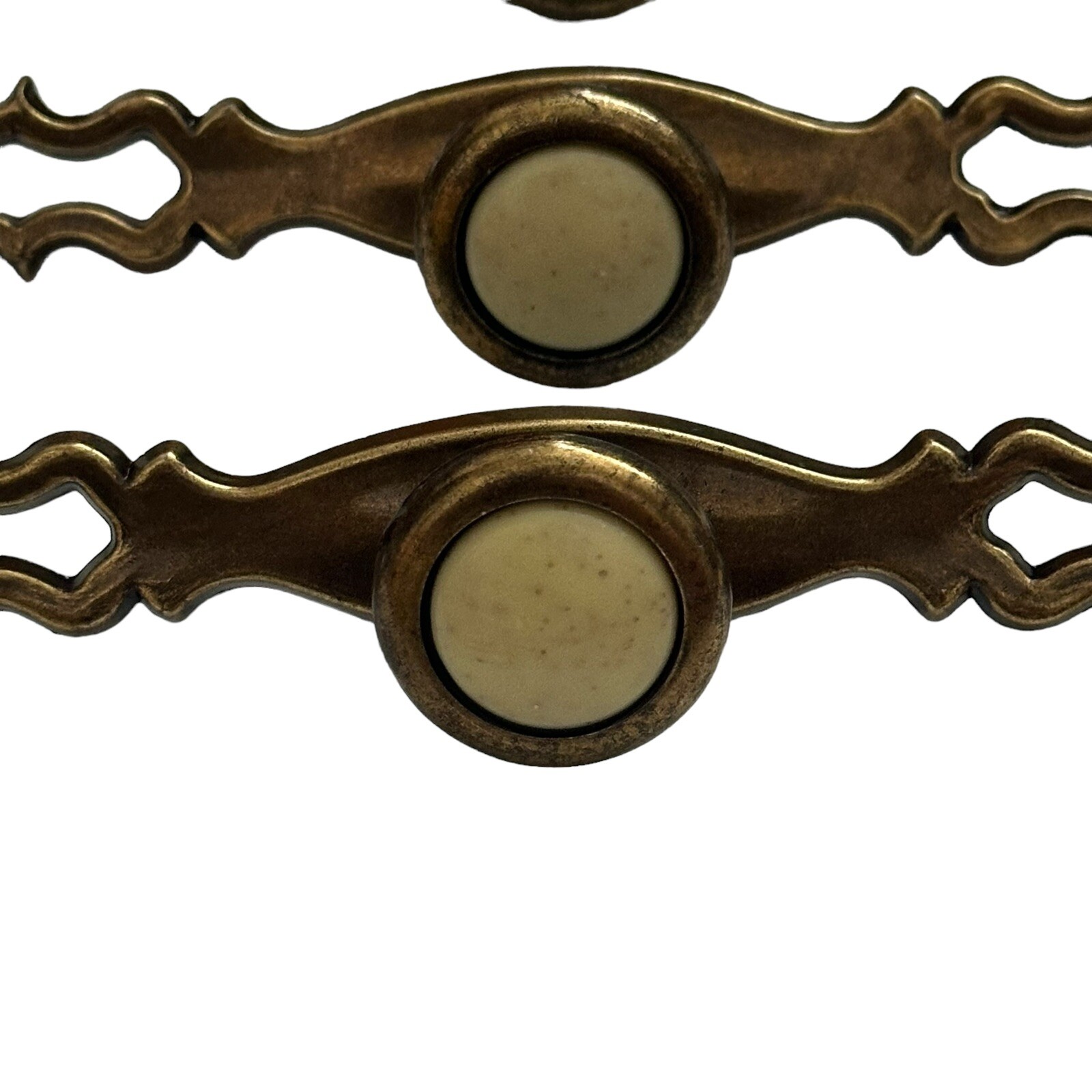 Lot Of 6 Brass and Beige Porcelain Vintage Drawer Pulls Knobs National Lock?