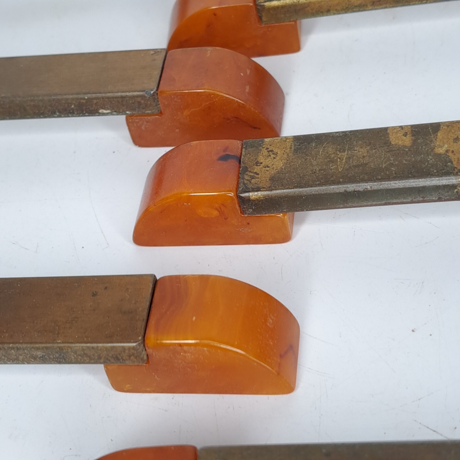 9 Antique ART DECO Butterscotch Bakelite Brass Plated Bar Drawer Pulls Reclaimed
