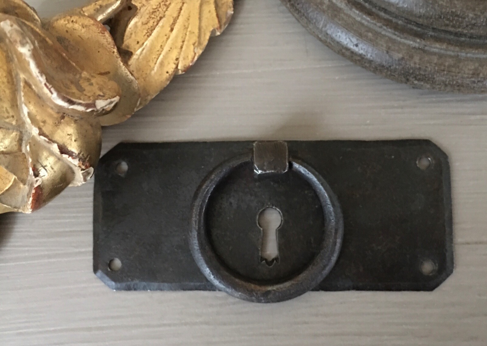 Vintage French Drawer Metal Hardware Drop Ring Pull Keyhole Cover Plate Salvage