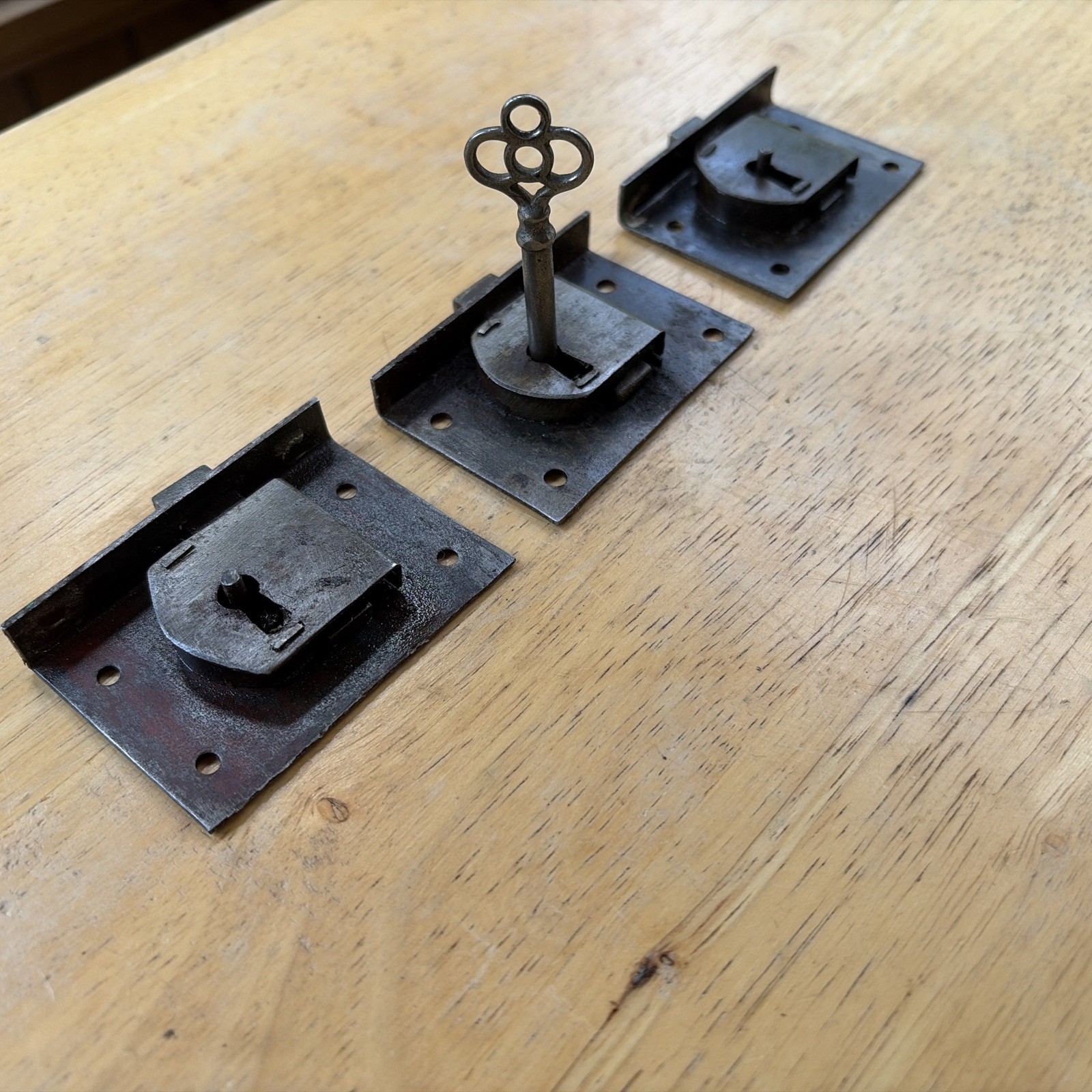 3 Salvaged Mid 1800 Empire Dresser Drawer Locks & Working Key, Free S/H