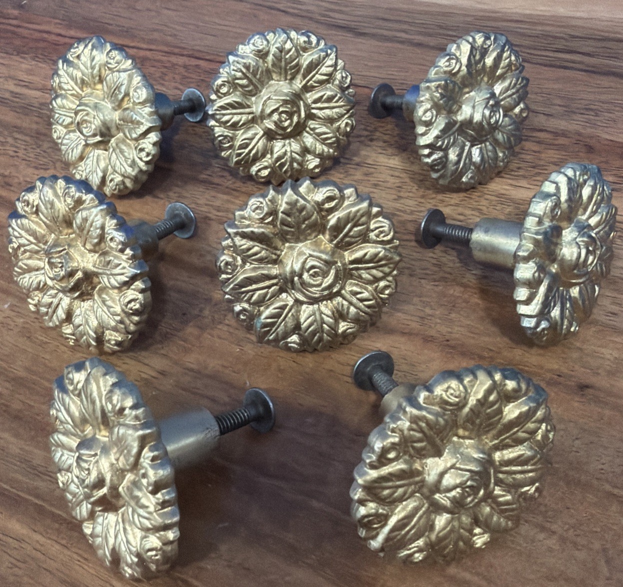 Set of 8 Vtg Gold Non Magnetic Metal Drawer Knobs Ornate Floral Rose 1 1/2”