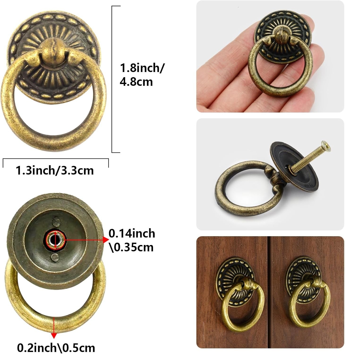 6 Pcs Antique Brass Drop Ring Drawer Pulls Vintage Cabinet Ring Handles
