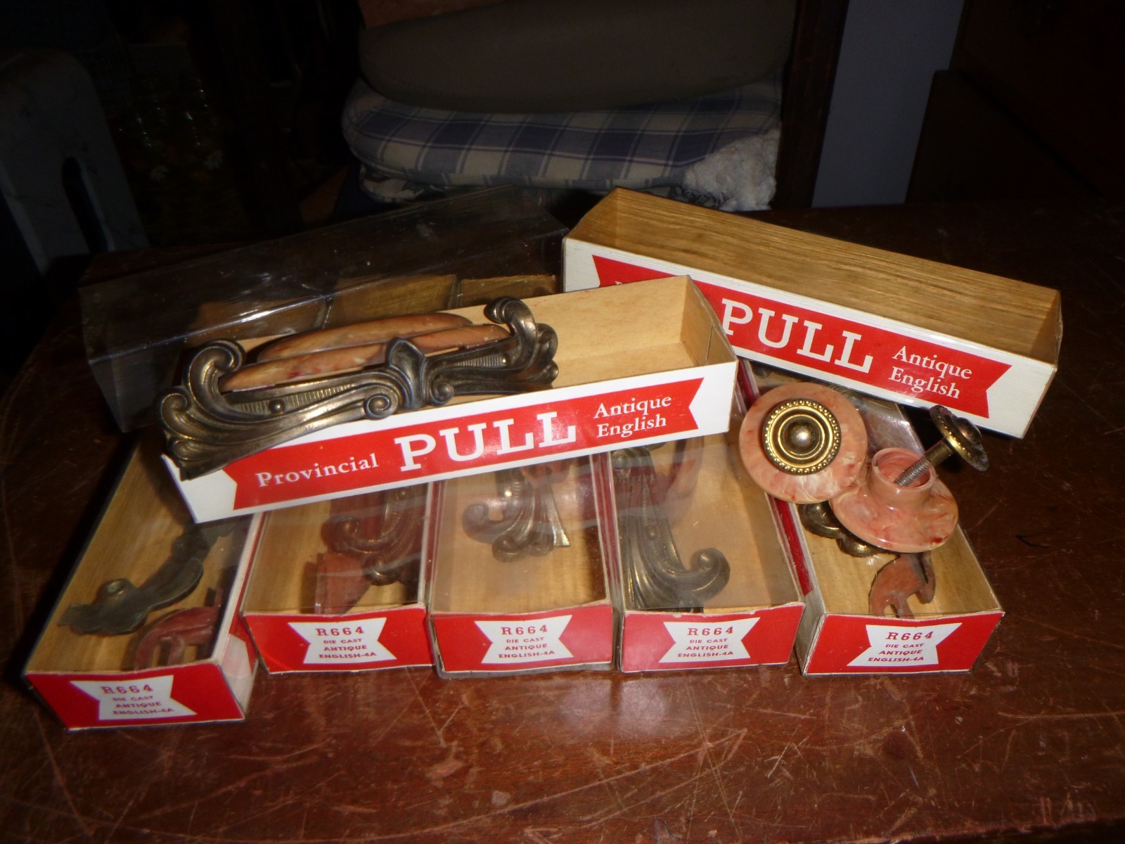 Eight Boxed Bakelite Medalists Waterfall Select-a-Pak Provincial Drawer Pulls.