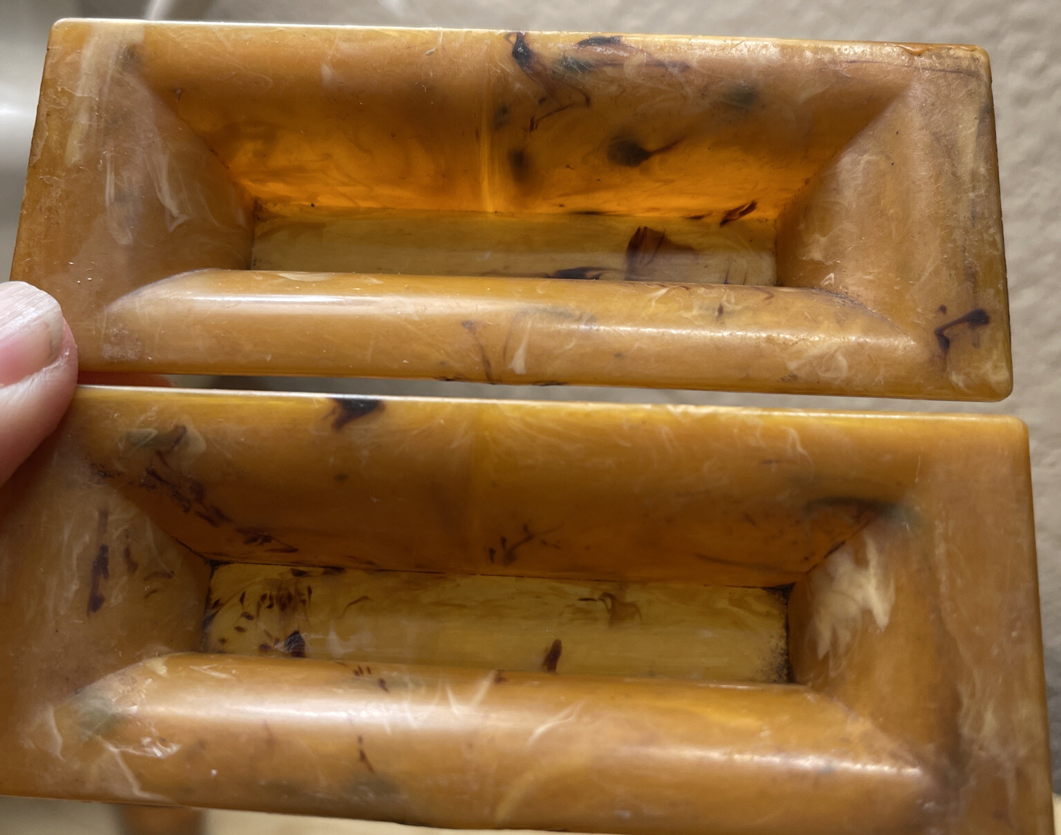 Vintage Celluloid Amber Marbled Drawer Handles Brown White Streaked Rectangular