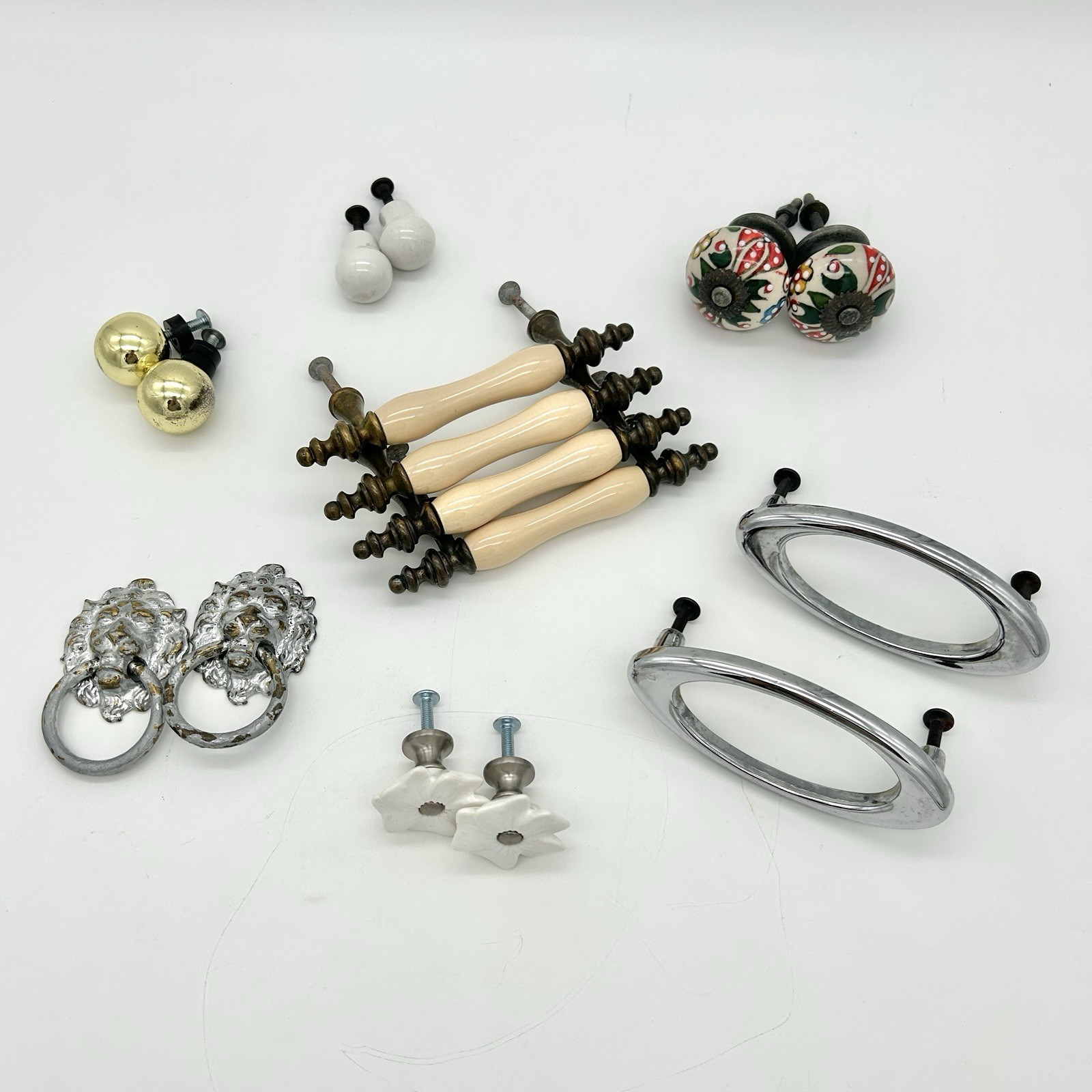 Vintage Drawer Pull Lot 16pc Mixed Sets Brass Chrome Ceramic Knobs Handles