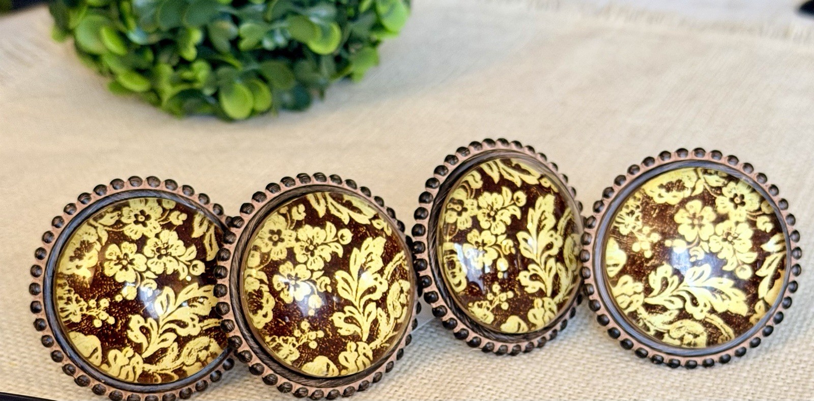 Large Floral Cast Iron Distressed Cream Brown Knobs Glass Floral Leaf Knobs Pull