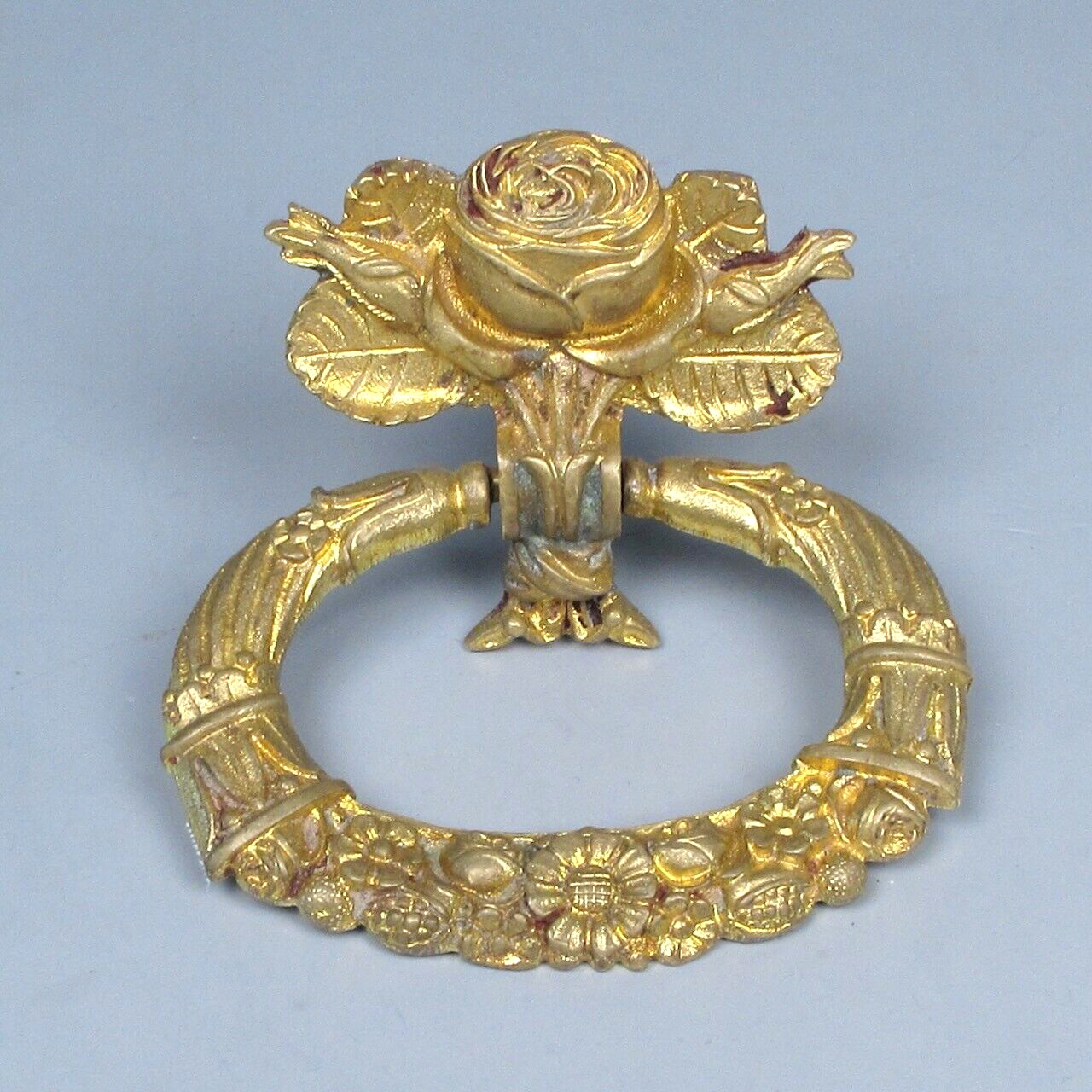 Antique French Gilded Bronze Drawer Pull, Flowers, Roses, Cornucopia