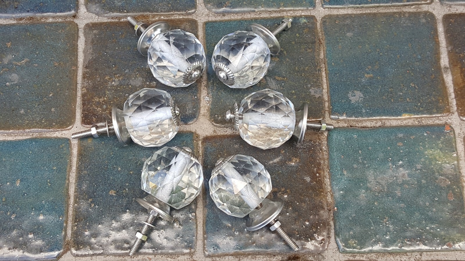 6 FACETED CUT GLASS DRAWER PULLS CLEAR MATCHING LARGE 1 3/4″ WIDE BALL