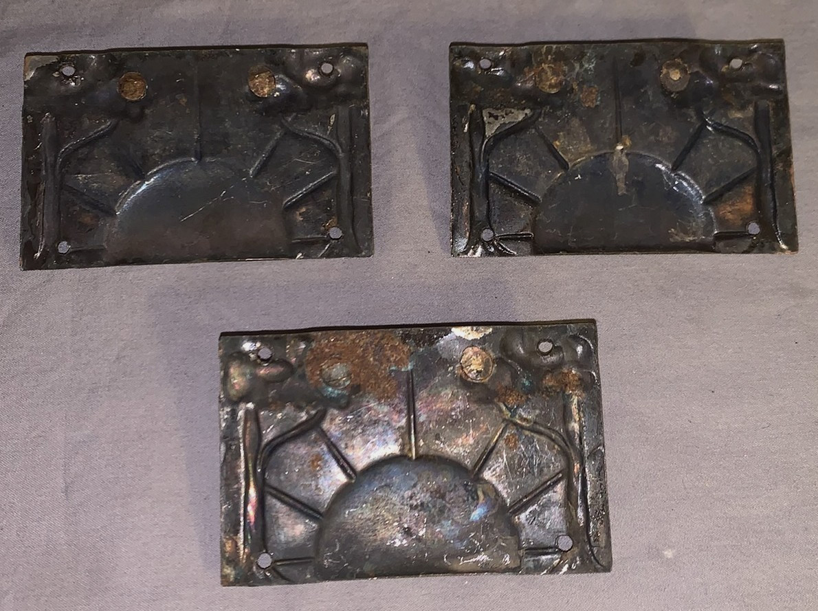 Great Set of 3 Unique Antique Copper Sunburst Design Drawer Pulls A5