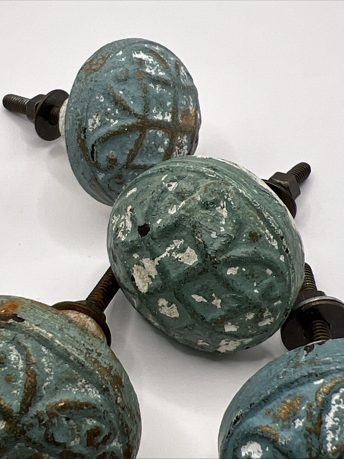 9 Vtg Drawer Pulls Knobs Shabby Distressed Turquoise White Brass Tone Hardware