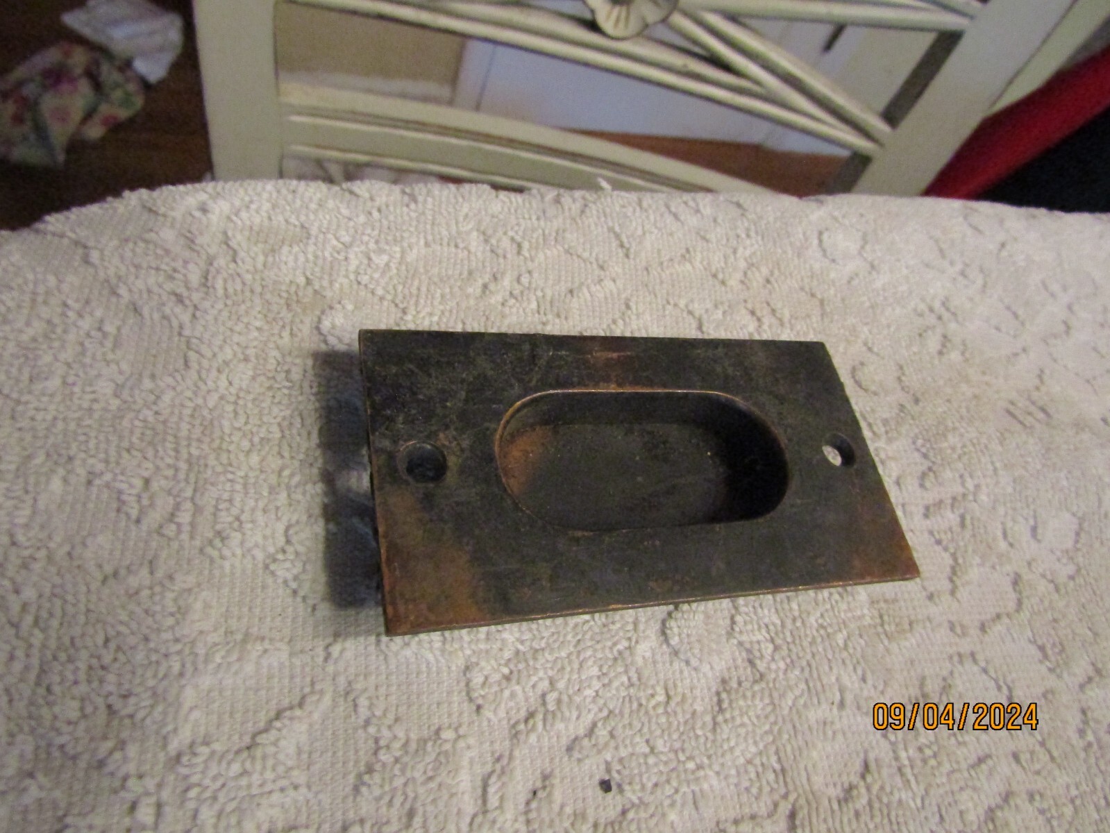 Antique Vintage Copper Brass Door Drawer Pull 3.5/8″ x 2″ Indented Victorian
