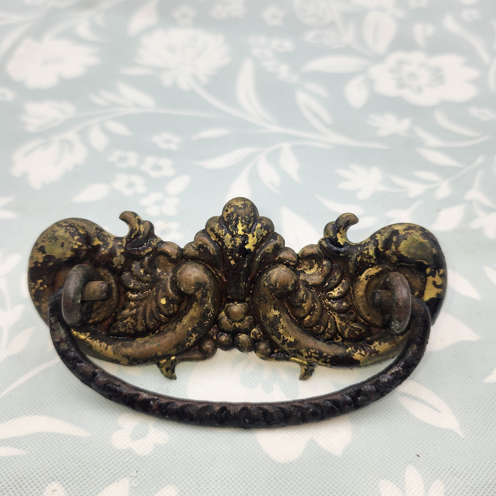 Brass Victorian Handle Antique Ornate drop bail Pull back plate stamped