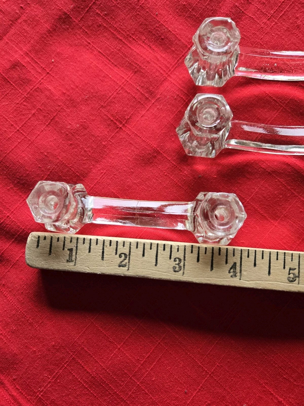 3 Vintage CLEAR GLASS 4” HANDLES With 3” Hole Spread Cabinet Drawer Pulls Knobs