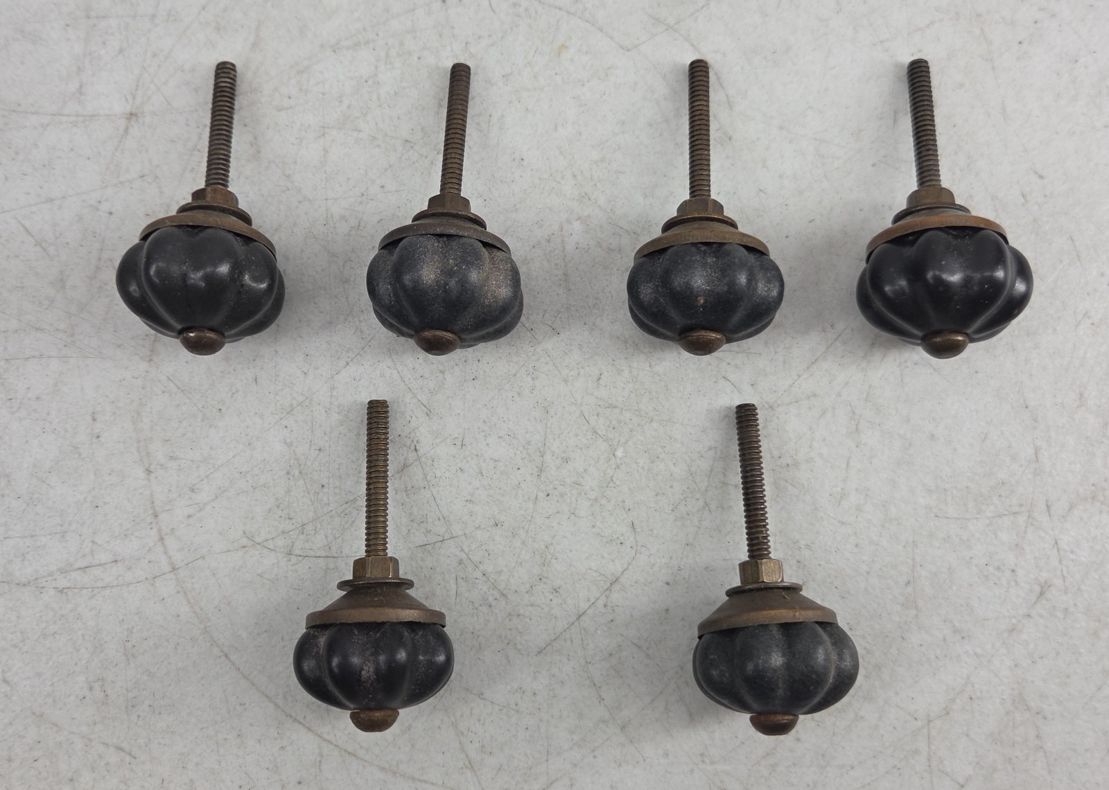 Vintage Lot of 6 Black Porcelain Floral Cabinet Knobs Drawer Pulls Handles