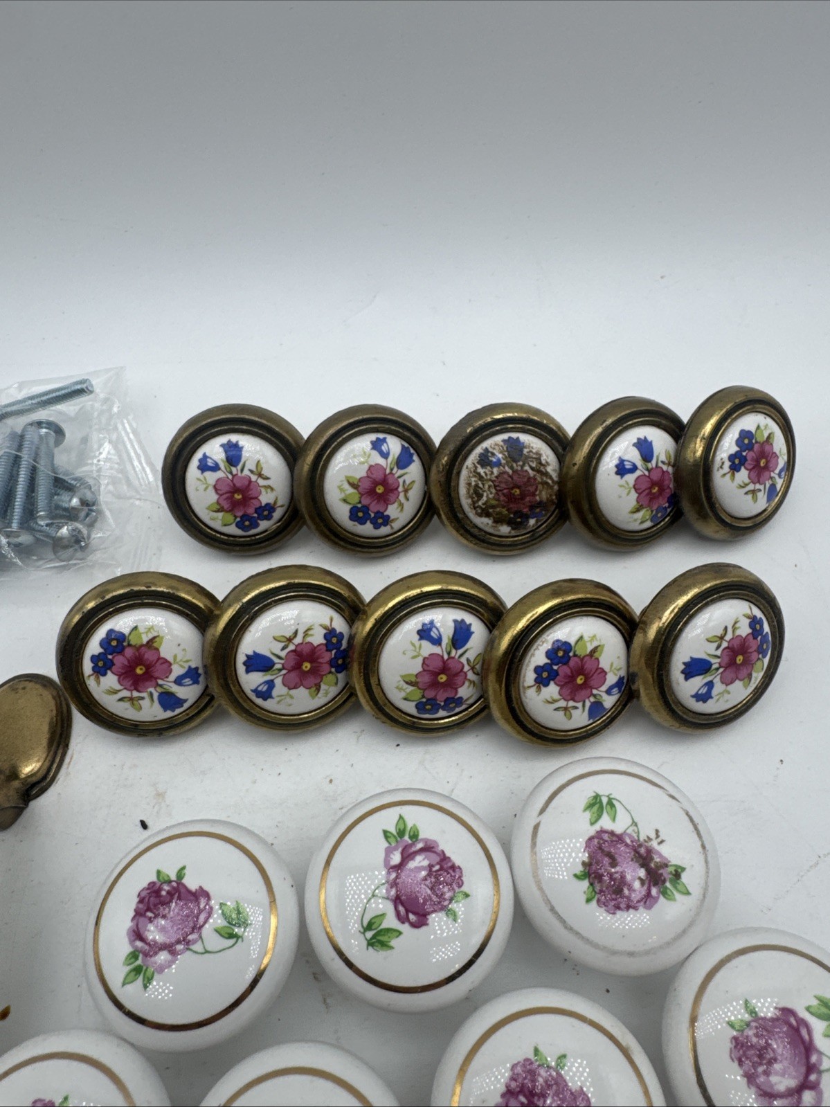 Vintage Floral Ceramic Drawer Knobs Pink Blue Flowers Lot of 25