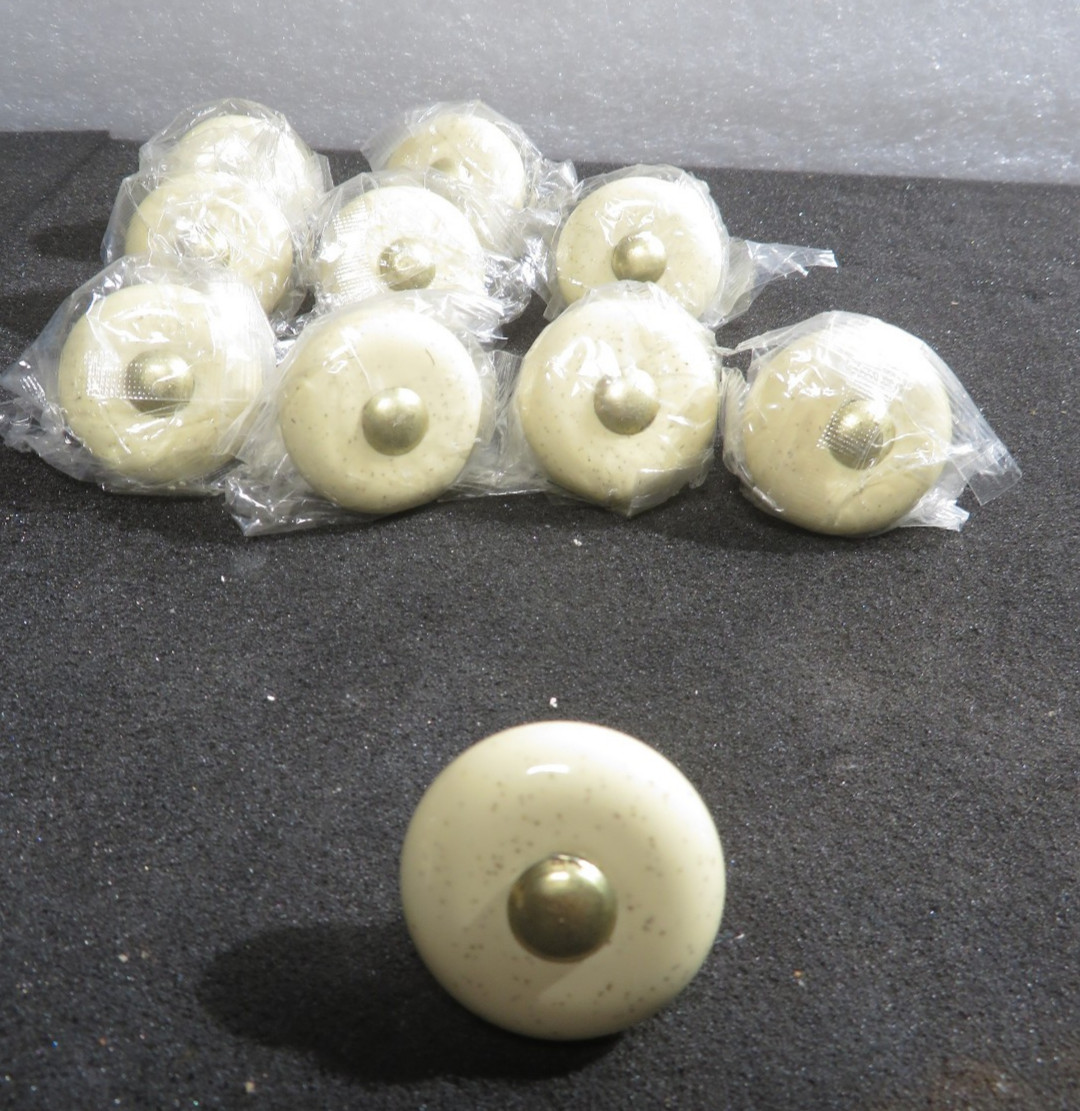 10 NOS Vintage Speckled Ivory Porcelain Brass Cabinet Drawer Mushroom Pulls