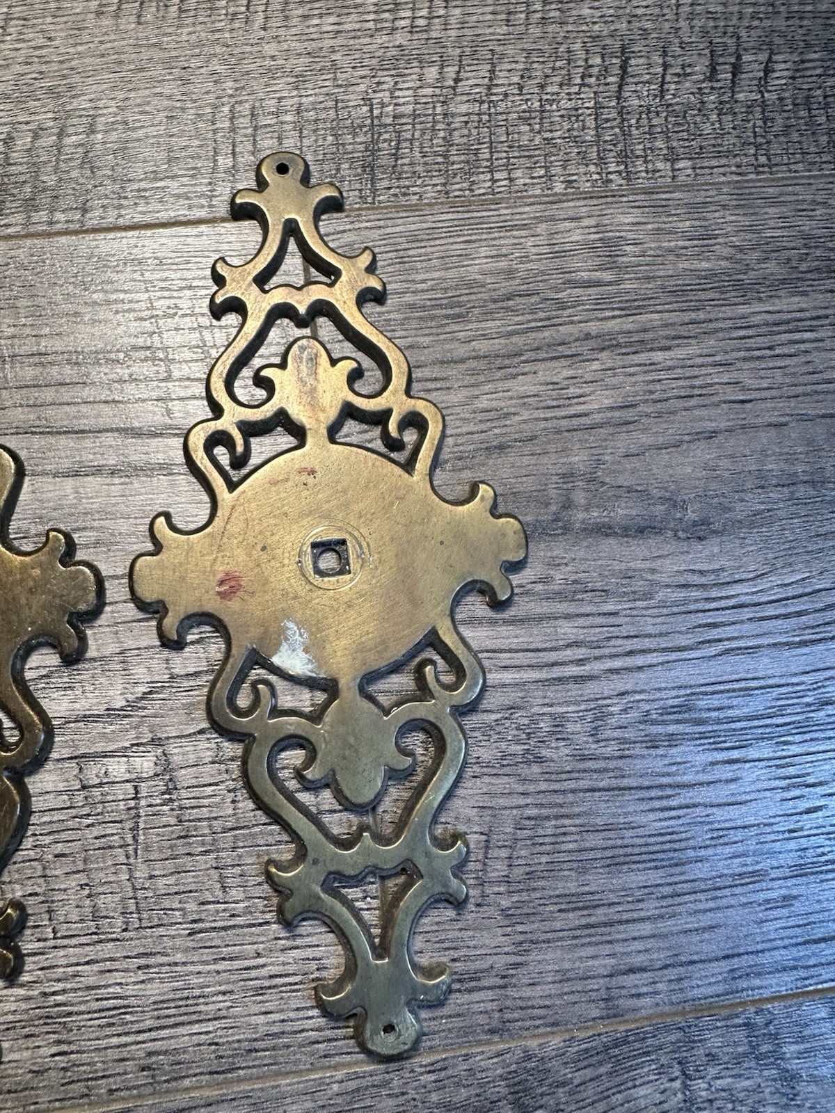 4-VINTAGE Amerock DRAWER PULLS Back Plate Brass Holes Scrolls Open Work