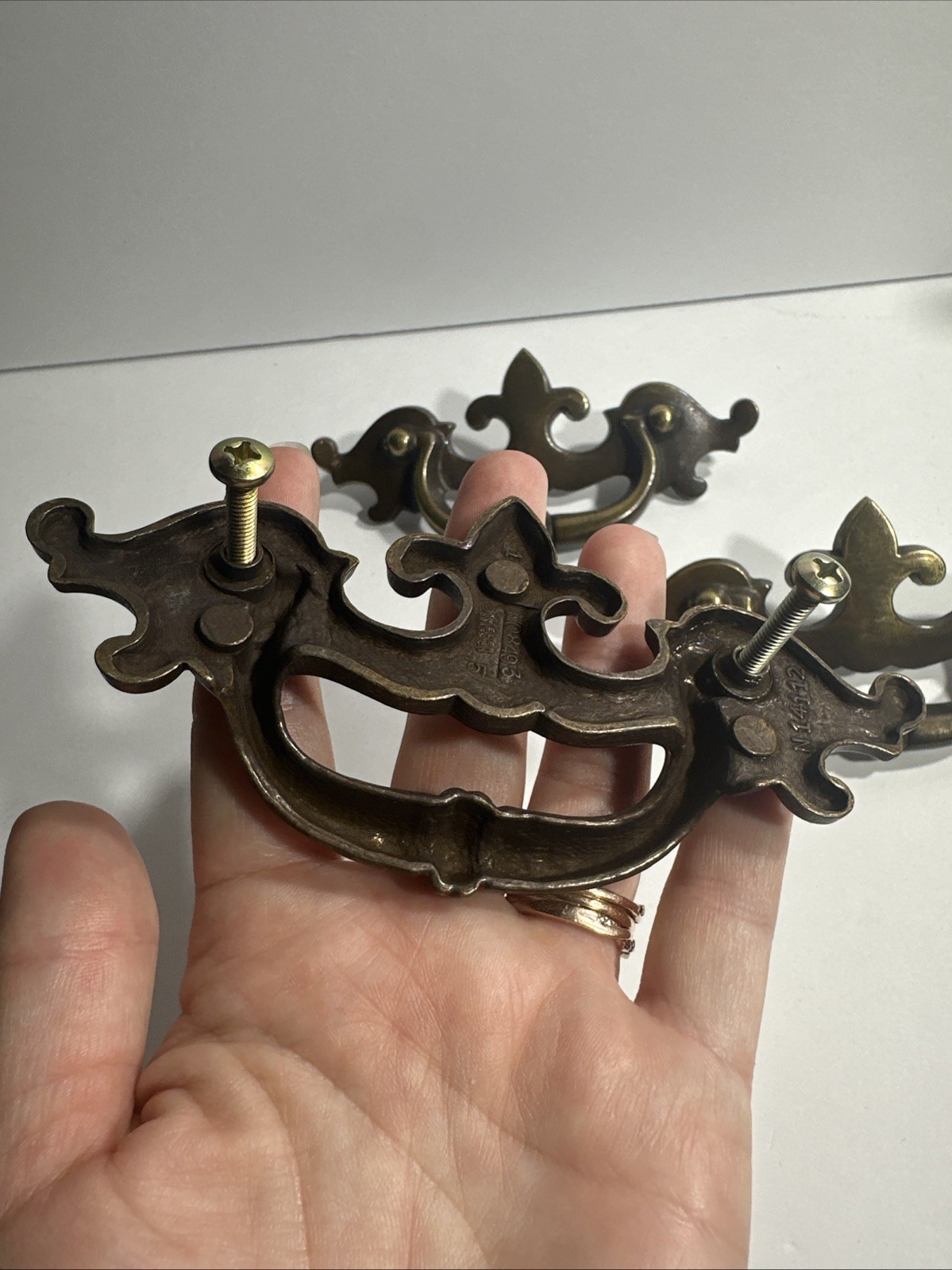 3 Vintage Brass Drawer Pulls Handel Fleur De Lis Keeler Brass Co. Screws #8493