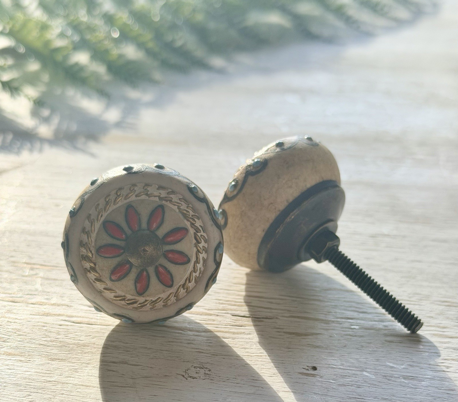 2 Antique Beige Red Floral Medallion Drawer Knob Cabinet Pulls Vintage Style