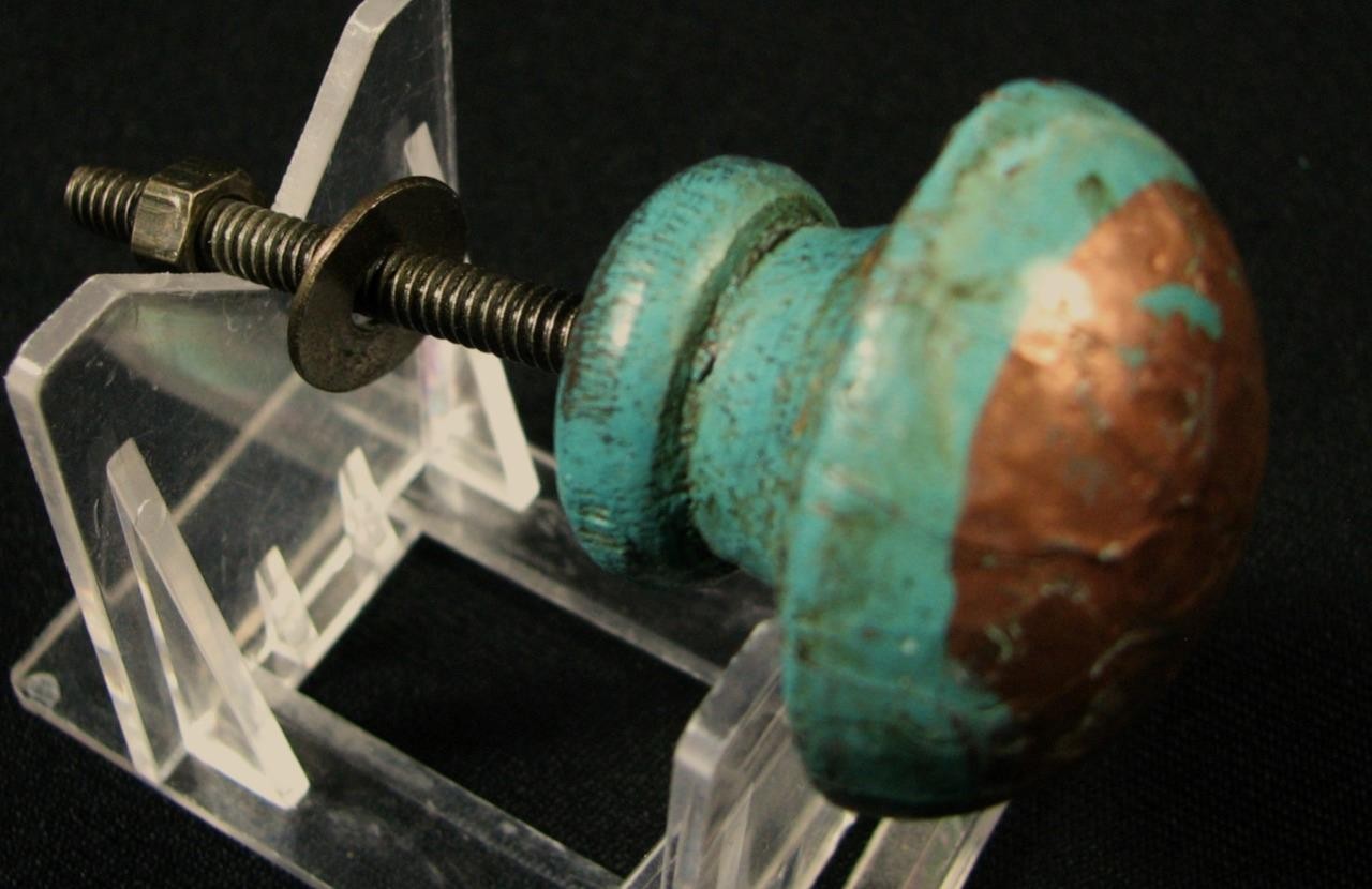 2 Antique Vintage Wood Copper Skin Green Distressed Drawer Pulls Handles Knobs
