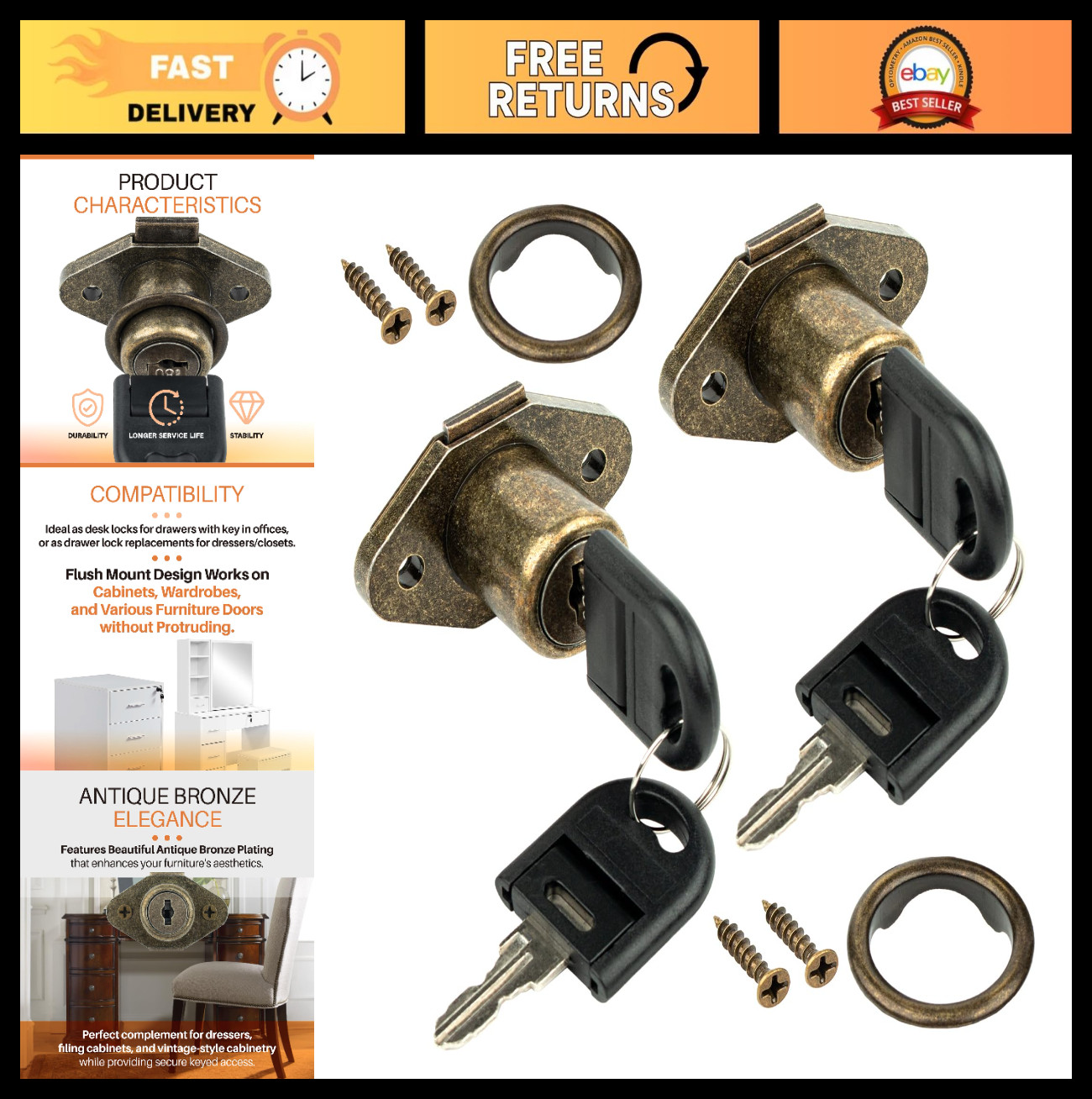 2 Pack Antique Bronze Drawer Locks with Keys – Secure Cabinet & Desk Lock Set