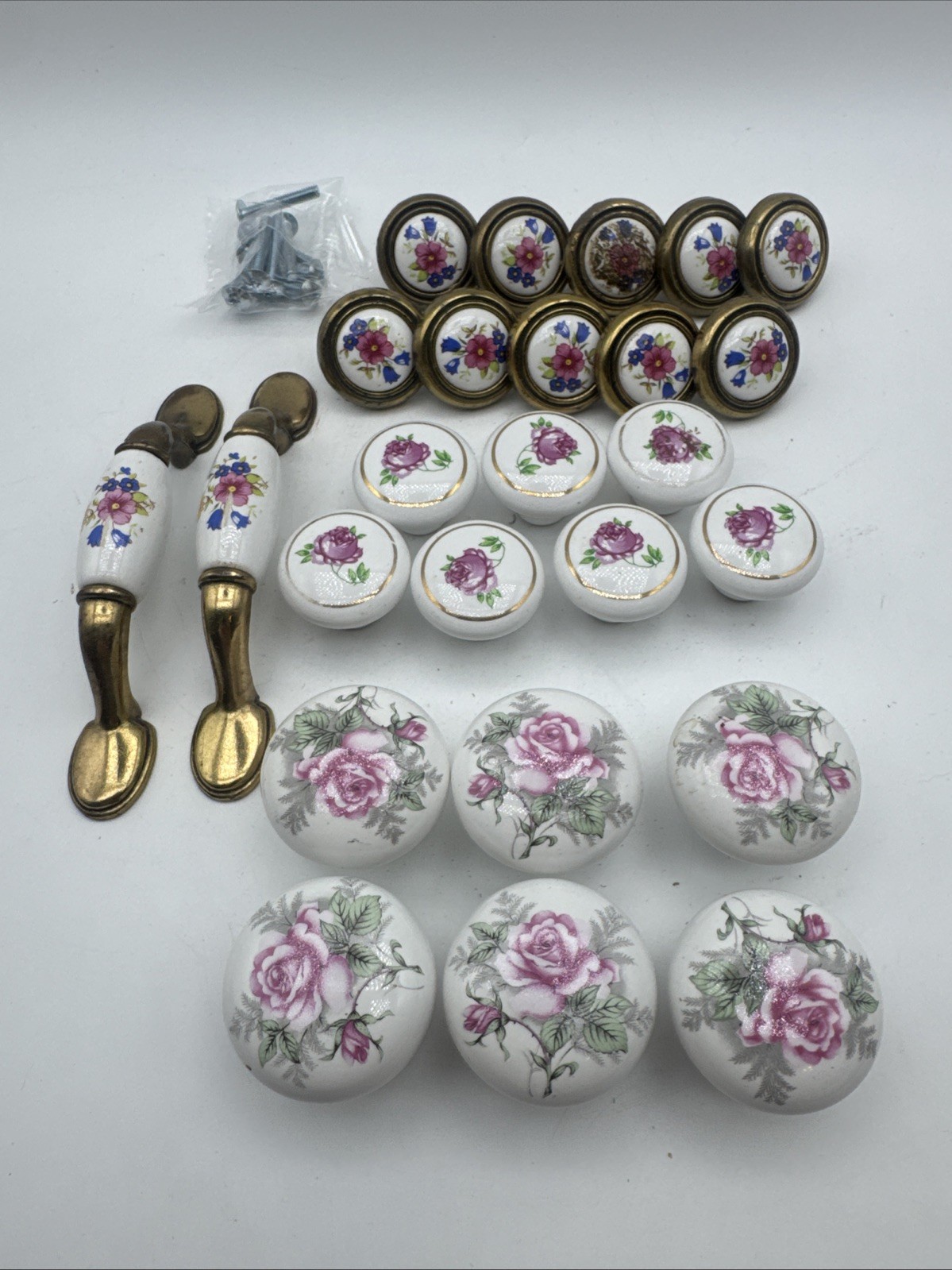 Vintage Floral Ceramic Drawer Knobs Pink Blue Flowers Lot of 25
