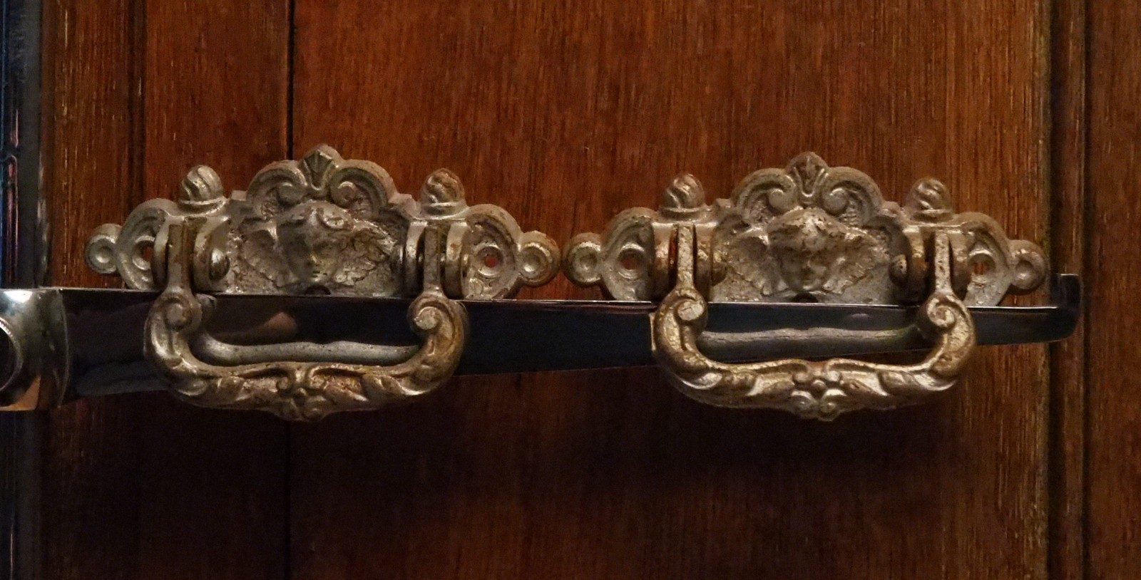 Antique French Pair of Gothic Silver look Child Coffin Handles Angel Head