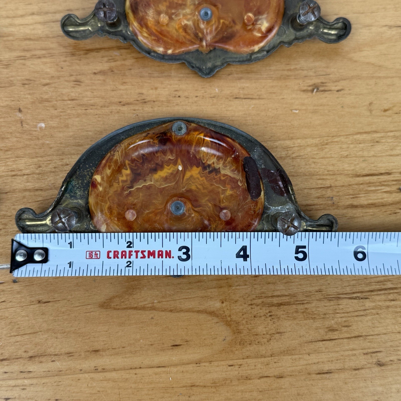 5 Vintage 1930’s-1940’s Keeler Art Deco Celluloid & Brass Original Drawer Pulls