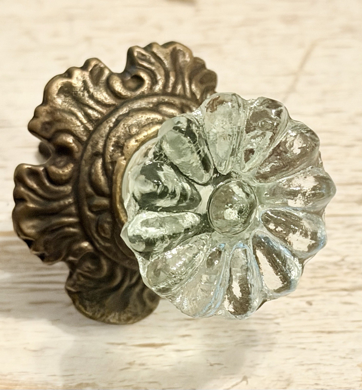2 Antique Brass w/Glass Drawer Pulls Hardware Handles Vintage Cabinet Door Knob